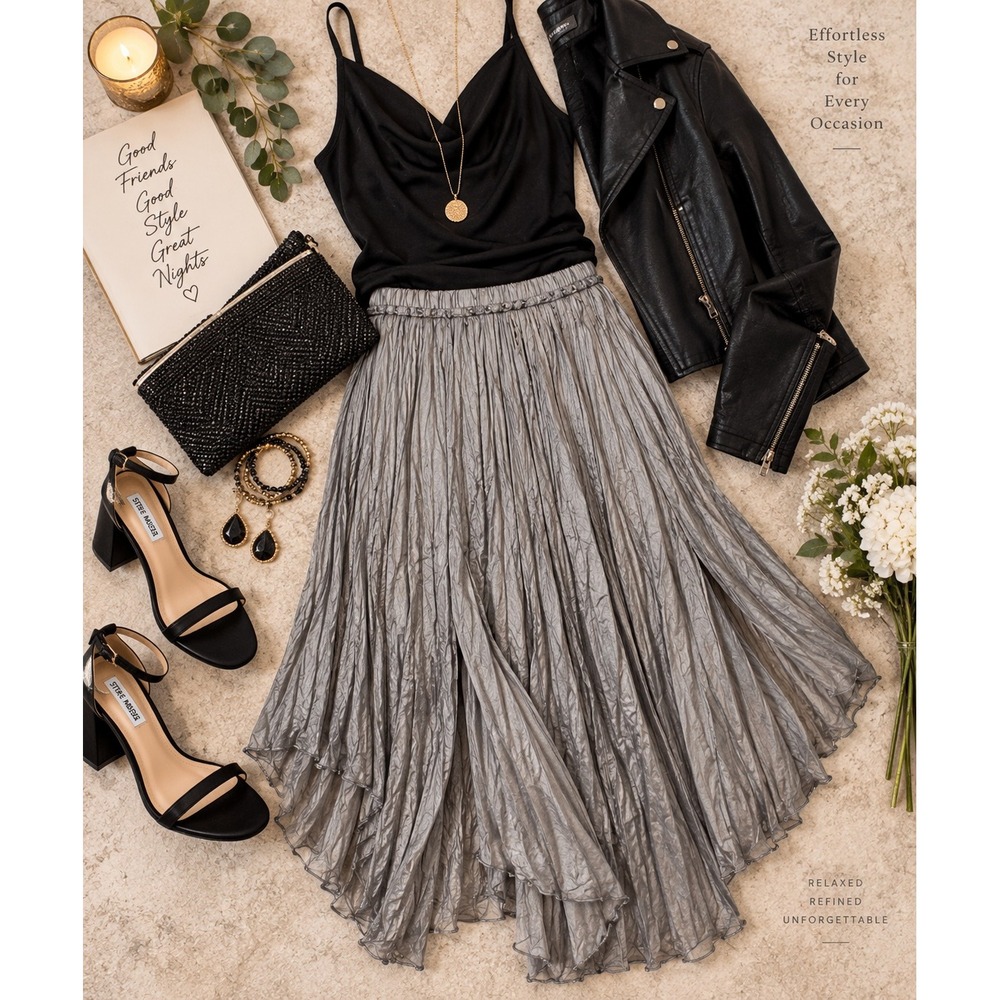 Sundance Gray Pleated Midi Skirt Elastic Waist Silky Cocktail Large